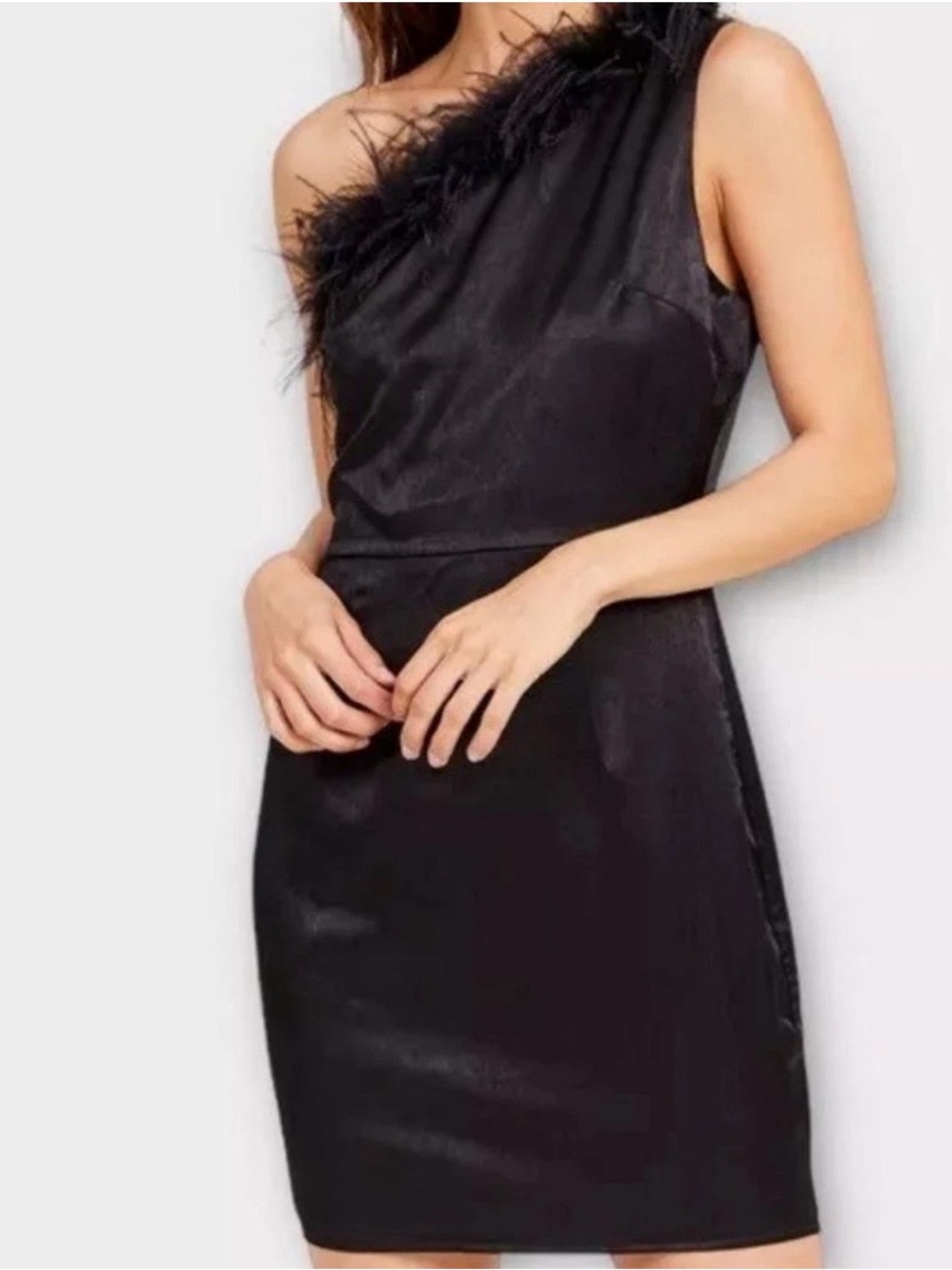 Altar’d State Black One-Shoulder Velvet Feather Trim Dress Medium NEW